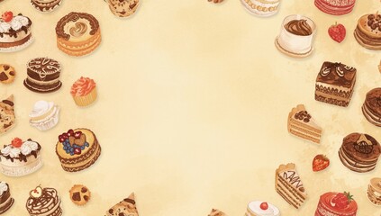 Repeating illustration of baked treats created for textile and wallpaper backgrounds, artistic design