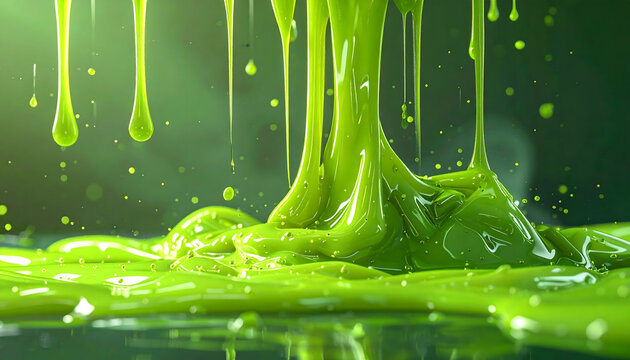 Vibrant green liquid splashing and dripping in a dynamic abstract motion, captured from a high viewpoint