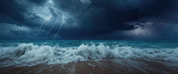 Fototapeta premium Stormy ocean waves hitting the sand beach during thunderstorm