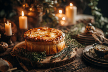 Fototapeta premium Golden-brown pie sits on rustic wooden board surrounded by candles and greenery, creating a warm, inviting atmosphere perfect for festive gatherings and culinary delights