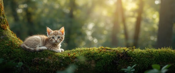 Fototapeta premium A close-up image of a cute kitten lying on a moss-covered tree branch