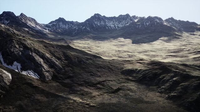 stark glacial cirque with rugged slopes and scattered snow patches, coarse moraine textures, overcast light casting deep shadows across basin, austere geology