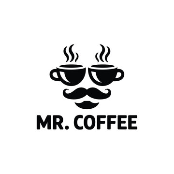 Black mr coffee logo with steaming cups and mustache