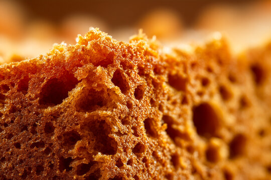 Extreme macro of golden porous cake texture with airy crumb structure, crispy surface and warm tones, abstract food background ideal for baking, dessert, texture and design concepts