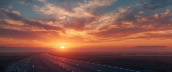 Obraz premium At dusk, sunrays pass over a road and extend to the horizon via clouds