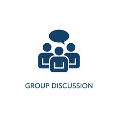 A blue icon depicting a group of people engaged in discussion with a speech bubble