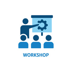 A blue icon depicting a workshop presentation with a presenter and audience