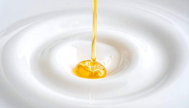 Golden liquid pouring into a white circular container creating ripples from a high viewpoint
