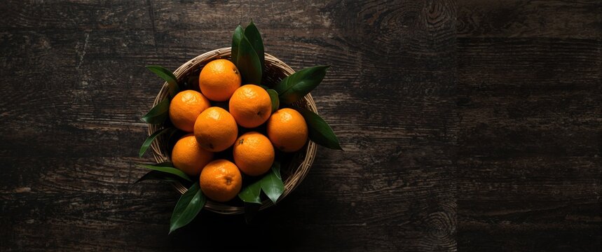 Stilllife image of jeruk Santang or Shantang Orange with leaves placed in a rattan basket on a wooden table