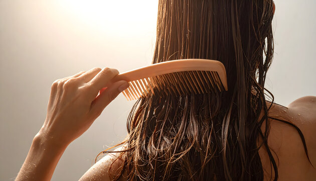 Woman gently combing wet hair from behind, showcasing long locks in soft natural light