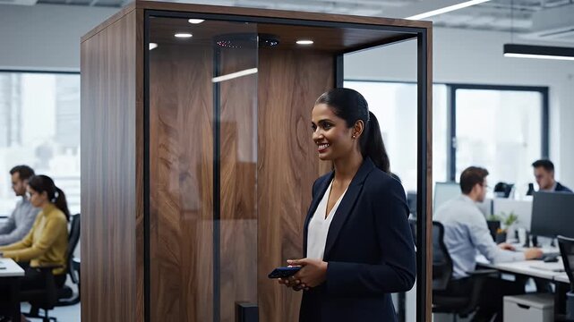 Woman Using Soundproof Booth in Modern Office - A smiling woman in business attire is holding her phone next to a sleek, wooden confessional booth equipped with noise-canceling technology in a modern
