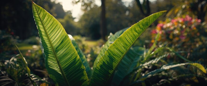 Close-up of vibrant green leaves from tropical plants in an outdoor garden while flowering