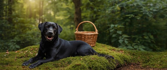 Fototapeta premium Forest scene featuring a black labrador lying on moss with a wicker basket behind