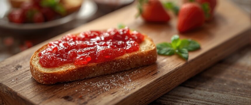 Detailed view of strawberry jam on bread at a party table featuring fruit, color, and healthy nutrition