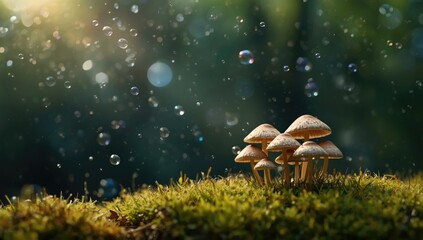 Fototapeta premium Unique mushroom cluster against a bubble-filled background, suitable for nature-inspired art and creative layouts
