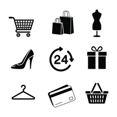 Set of black shopping icons on transparent background includes shopping cart, bags, mannequin, shoe, clock and gift © Mujahid