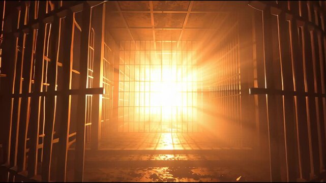 Prison jail cell bars cage light glow ray escape opening, golden light pours through metal bars gate beam, dust corridor silhouette freedom, glowing light sunbeam pierces bars dim corridor