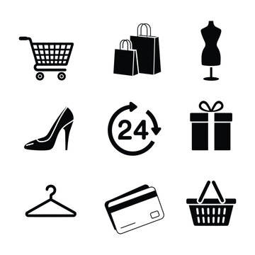 Set of black shopping icons on transparent background includes shopping cart, bags, mannequin, shoe, clock and gift