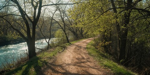 Fototapeta premium Big Sioux River trail scene in Sioux Falls during spring with emerging greenery and leafless branches, seasonal transition