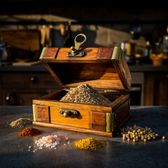 Traditional Indian Spice Container with Turmeric Chili and Cumin in Stone Kitchen