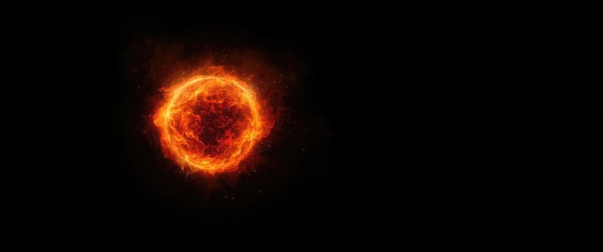 Burning Fire Ball Sphere and Flame Explosion, Isolated on Black with Overlay Screen Effect