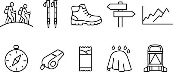 Collection of hiking and outdoor adventure icons with a clean, minimalist line art style