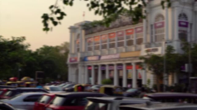 Blurred view of Connaught Place in Delhi India, Iconic City Center and Business District background