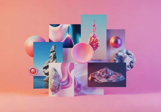 A dynamic visual collage representing a collection of diverse images and thematic elements blended into a single, cohesive composition, visual, collage, grouping