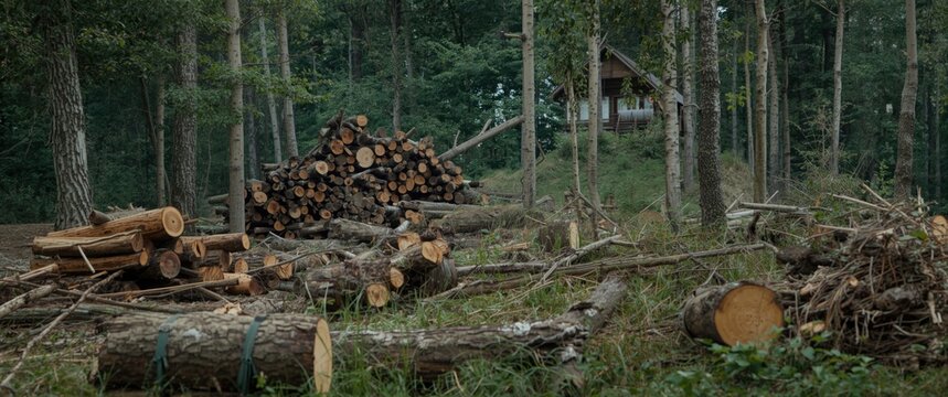 Forest wood harvesting process, sawn logs stored in woodpile, village heating, and industrial deforestation of forests and green areas.