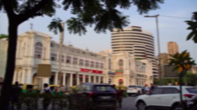 Blurred view of Connaught Place in Delhi India, Iconic City Center and Business District background