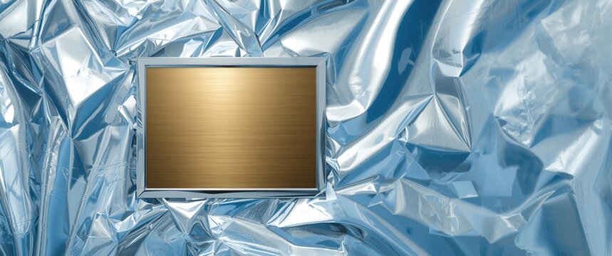 Shiny abstract smooth foil in platinum metal silver hue with background effect, bright brass plate, chrome blue texture frame, white leaf premium backdrop, and light polished steel banner pattern
