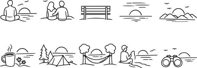 Collection of simple line art icons depicting outdoor leisure activities at sunset