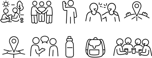 Collection of simple line art icons representing social interactions and outdoor activities