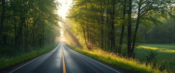Obraz premium Green forest with an asphalt road during the morning hours