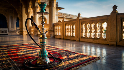 Cinematic Shot of Vintage Ornate Hookah Featuring Silver Craftsmanship and Glow