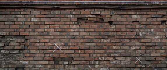 Restoration of the facade with brick and tile cladding, replacing broken and loosened tiles, chalk-marked crosses