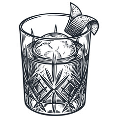 An alcoholic cocktail in a crystal rocks glass with a sphere ice cube and citrus peel. Vintage engraving style vector for bar menu or logo design.