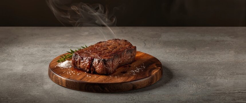 Juicy piece of meat seasoned and cooked for dinner on a concrete surface