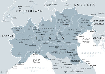 Fototapeta premium Northern Italy, gray political map of a region in the northern part of Italy. Eight subregions of North Italy with borders, capitals, largest cities, and with the North Italian Lake District. Vector