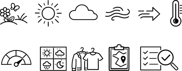 Collection of weather and climate icons representing different atmospheric conditions and forecasts