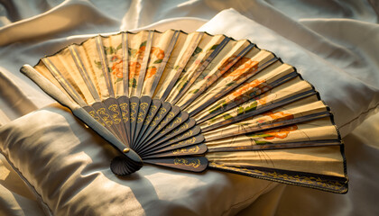 Antique Silk Hand Fan with Floral Paintings on White Silk Cushion 2026