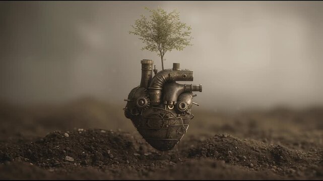Mechanical heart steampunk engine metal soil sapling growth surreal fantasy eco hope, biomechanical heart with metal pipes and valves nurturing young tree barren land, nature technology fusion
