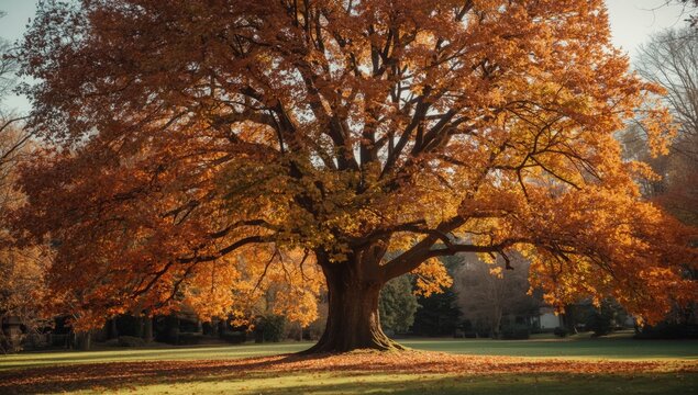 English oak tree with vibrant orange leaves in autumn, seasonal change, Earth Day