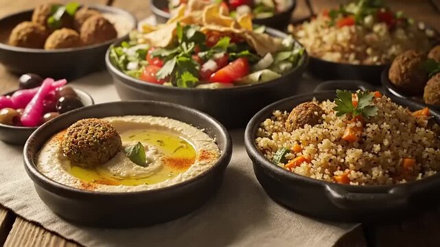 Delicious Middle Eastern Mezze Platter with Hummus Falafel Tabbouleh and Rice Dishes on a Rustic Wooden Table.