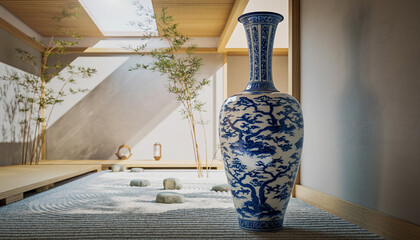 Grand Ming Dynasty Blue and White Porcelain Vase in Minimalist Zen Garden 2026