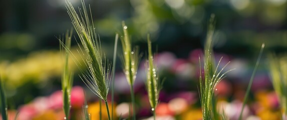 Fototapeta premium Details of ears of spring grass within a flowerbed