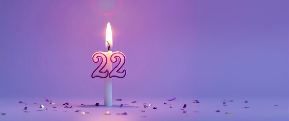 Naklejka premium Birthday card featuring a lit candle with the number 22 against a violet and blue backdrop