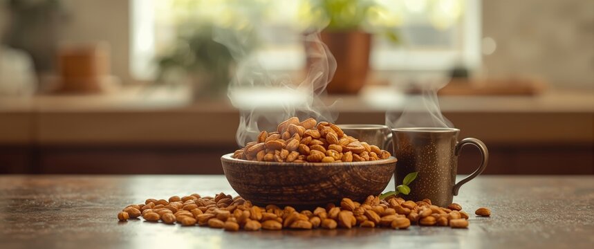 Foxnuts Makhana chiwda mixture with peanuts and chanadal, enjoyed with two mugs of tea