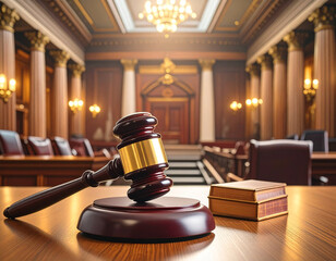 Judge gavel with book shelf symbolizing justice and law. Symbol for crime, judgement, legislation and judicial decisions. This image was artificially generated