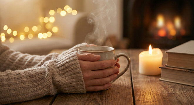 Hands in a warm sweater holding a steaming cup of tea near a fireplace, winter comfort or cozy home cafe